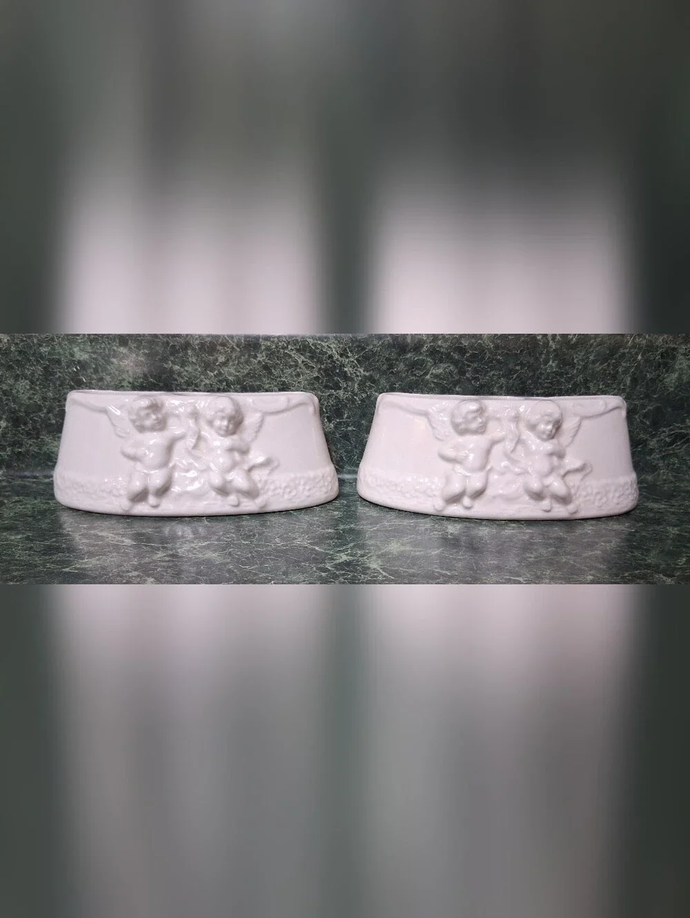 Vintage Set 2 Dresden White Porcelain Cherub Flower Frog Centerpieces